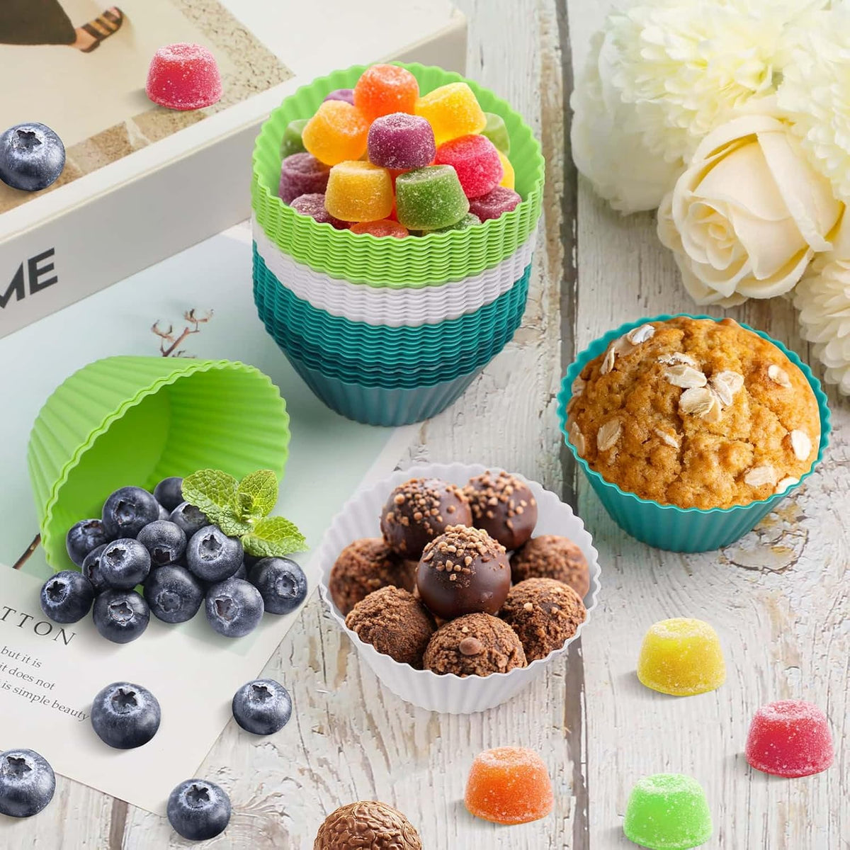 54 Pack Silicone Muffin Cups, Selizo Silicone Cupcake Baking Cups Reusable Muffin Liners Cupcake Wrapper Cups Holders for Muffins, Cupcakes, and Candies (Navy, Gray Blue, Green, White)