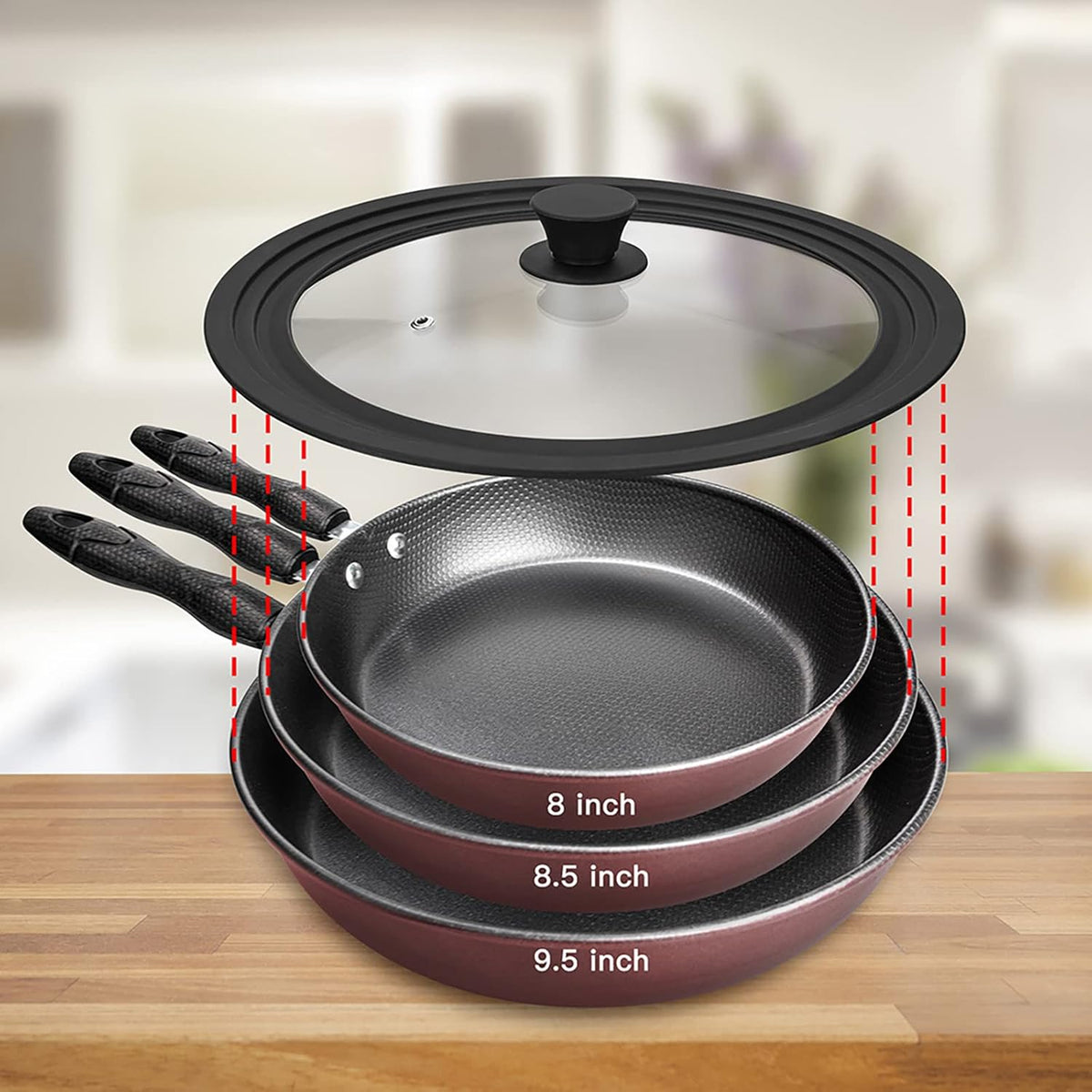 Universal Lid for Pots, Pans and Skillets Vented Tempered Glass with Heat Resistant Silicone Rim, Fits 8 inch, 8.5 inch, 9.5 inch Cookware, Replacement Lid, Black