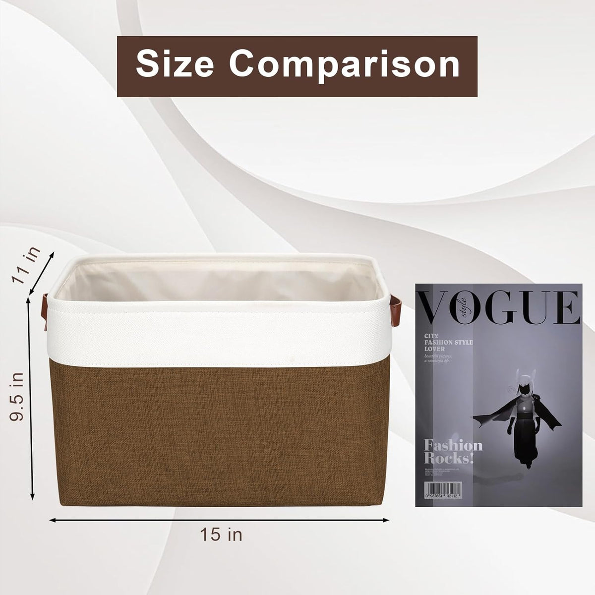 Storage Bins Large Fabric Storage Baskets for Shelves 3 Pack, Decorative Linen Closet Baskets with Handles for Organizing, Shelf, Clothes, Home, Office, 15x11x9.5Inches (Brown&White)