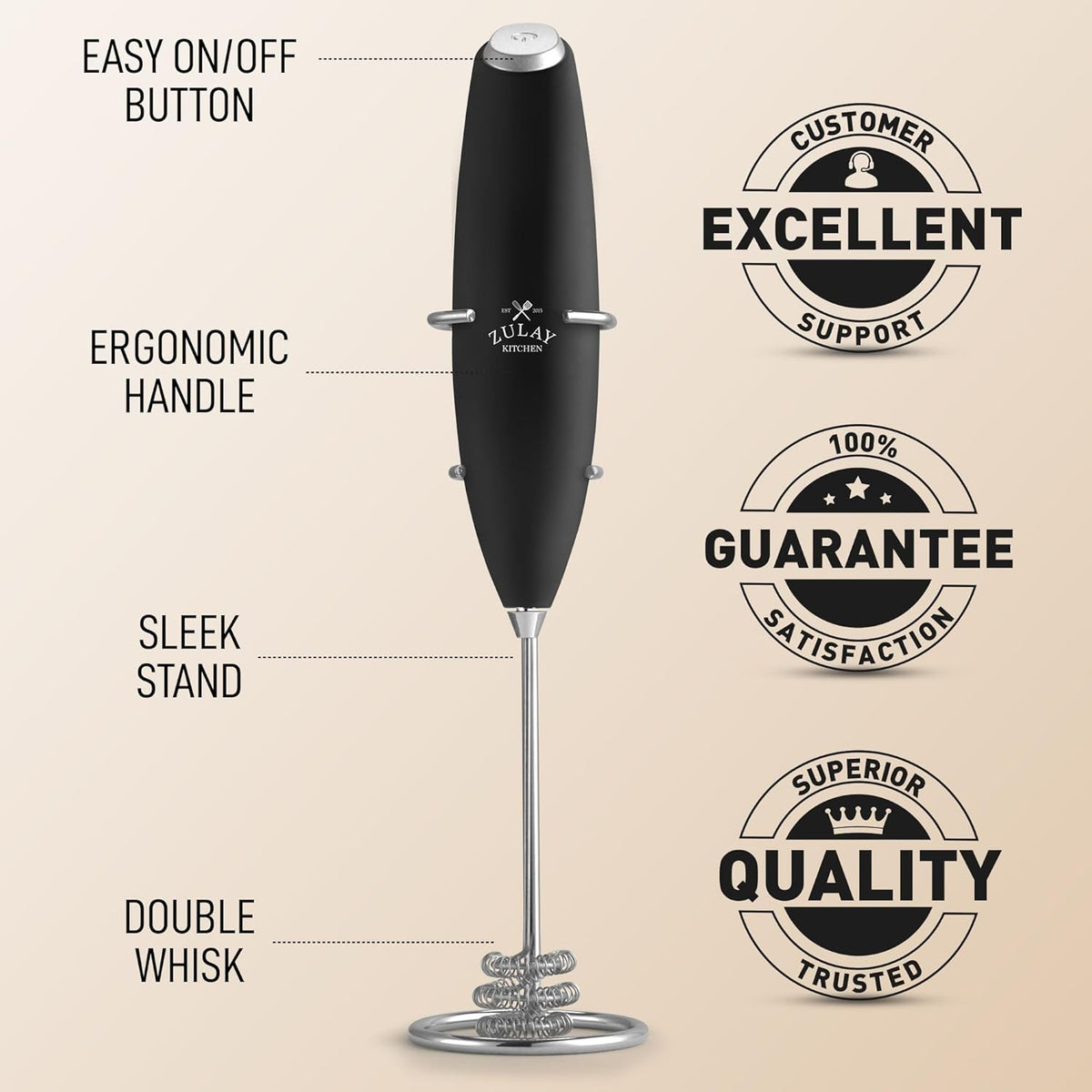 Zulay Kitchen Patented Tornado Triple Whisk Milk Frother with 2 Duracell Batteries – Handheld Foam Maker for Coffee, Lattes, Matcha & Hot Chocolate – Rich, Creamy Froth in Seconds