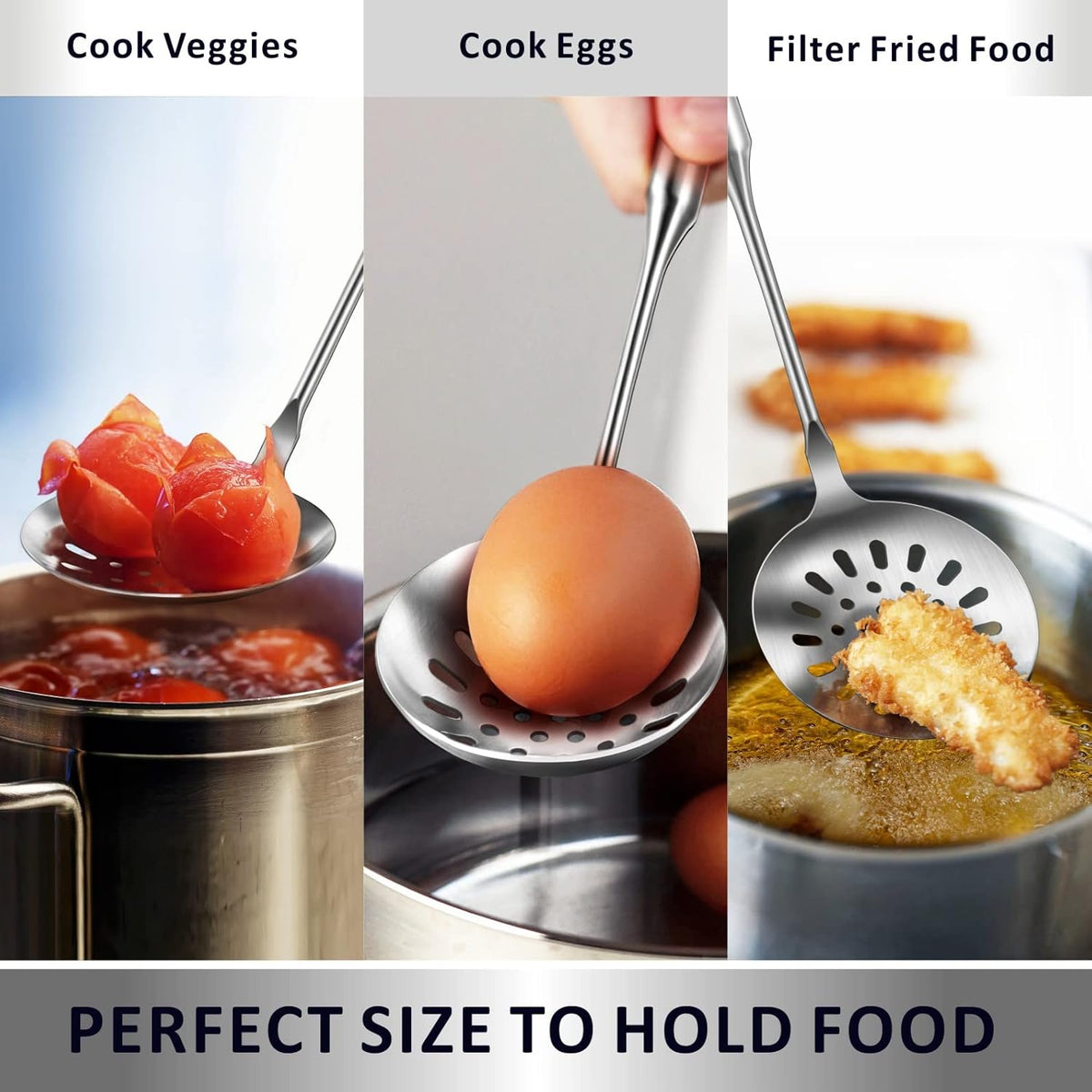 Yimi Cooking Skimmer Slotted Spoon, Durable 304 Stainless Steel Frying Strainer Ladle with Vacuum Ergonomic Handle, Heat Resistance Fryer Scoop Kitchen Utensil, Ideal for Gift, 14.8 Inches