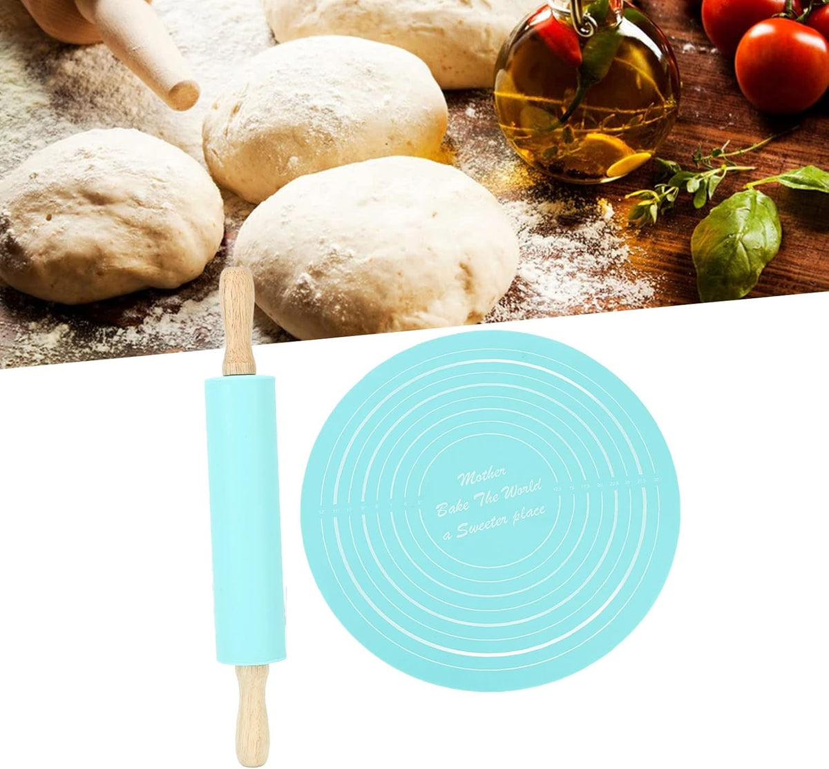 Large Silicone Rolling Pin Pastry Baking Mat Set for Kitchen (Blue)