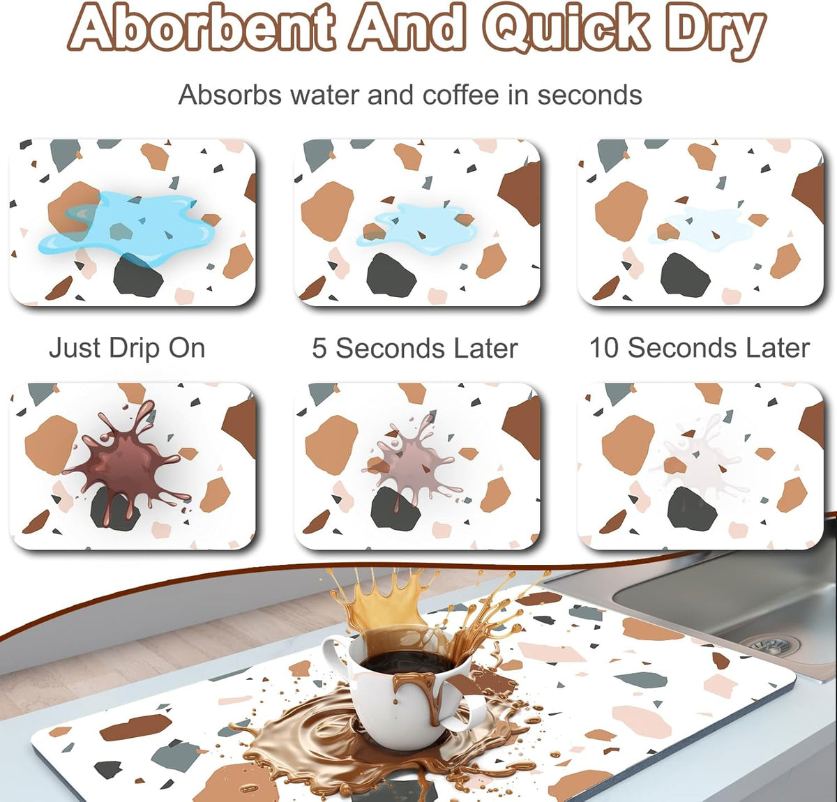 Coffee Bar Mat for Countertop, 17" X 28” Super Absorbent Dish Drying Mat, Large Kitchen Counter Mats Fits Under Coffee Maker, Non-slip Espresso Machine Pad, Terrazzo