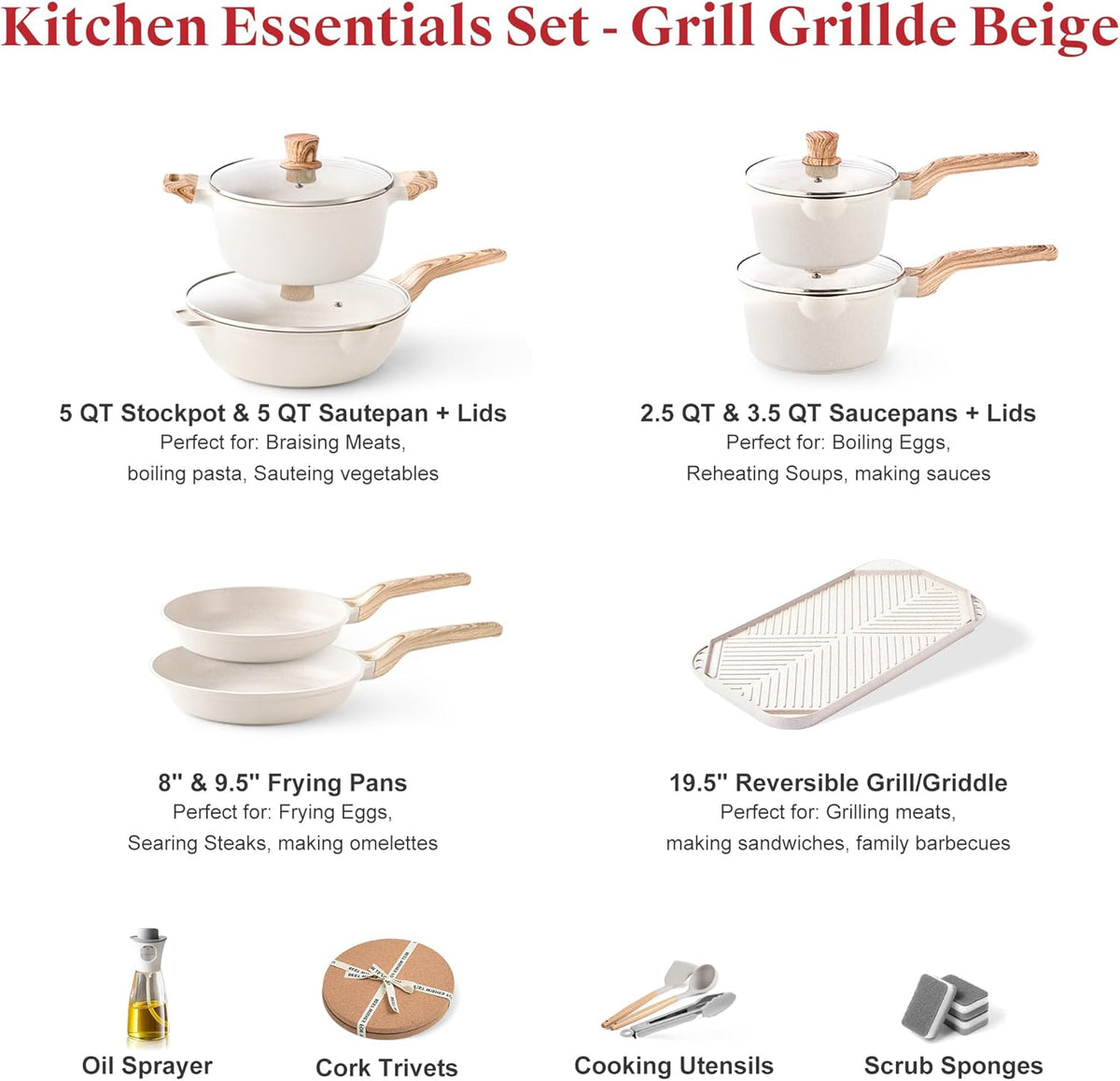 Caannasweis 20Pcs Cookware Sets, Nonstick Pots and Pans Set, Granite Induction Cookware, Non Stick Kitchen Cooking Set, Grayish White Grill Griddle Set, PFOS PFOA Free