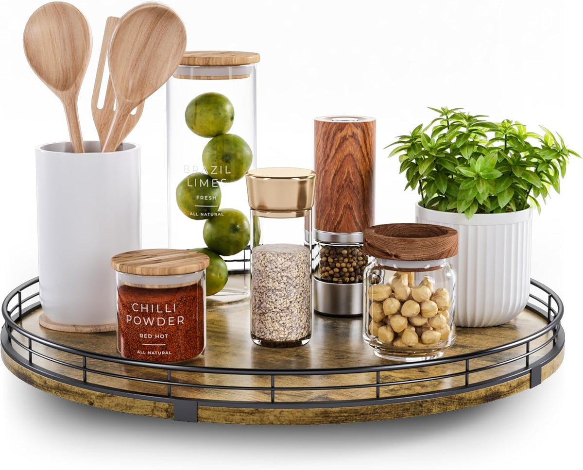 Lazy Susan Turntable Organizer for Table Top, 16’’ Round Wooden Lazy Susan for Cabinet Kitchen Countertop Pantry Dining Coffee Table for Condiments Spices, Rustic Bathroom Vanity Tray for Soap Candle