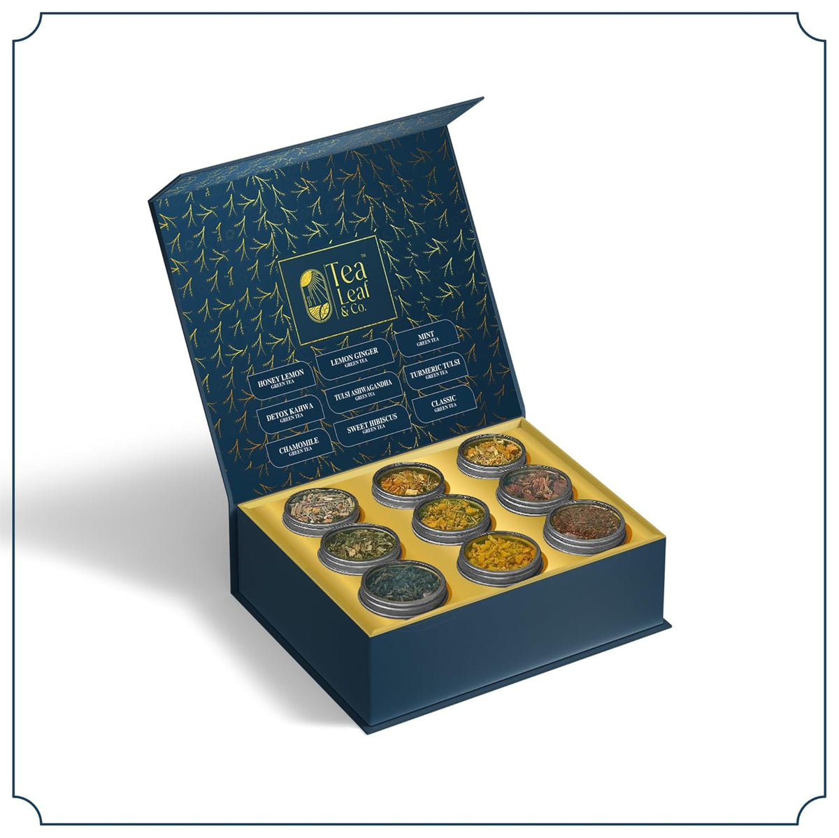 Tea Leaf & Co. Harmony Pure Delight 9 Pack Premium Tea Gift Combo Box (Classic, Tulsi Ashwagandha, Lemon Ginger, Mint, Detox Kahwa, Turmeric Tulsi, Honey Lemon, Sweet Hibiscus & Green Chamomile) - 8Oz
