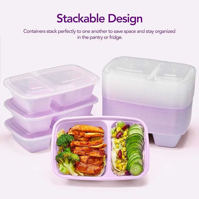 Glotoch 50 Pack Purple Meal Prep Containers Reusable 2 Compartments, Glotoch 32OZ to Go Containers for Food, Disposable Plastic Food Containers with Lids for Microwave Dishwasher Freezer Safe