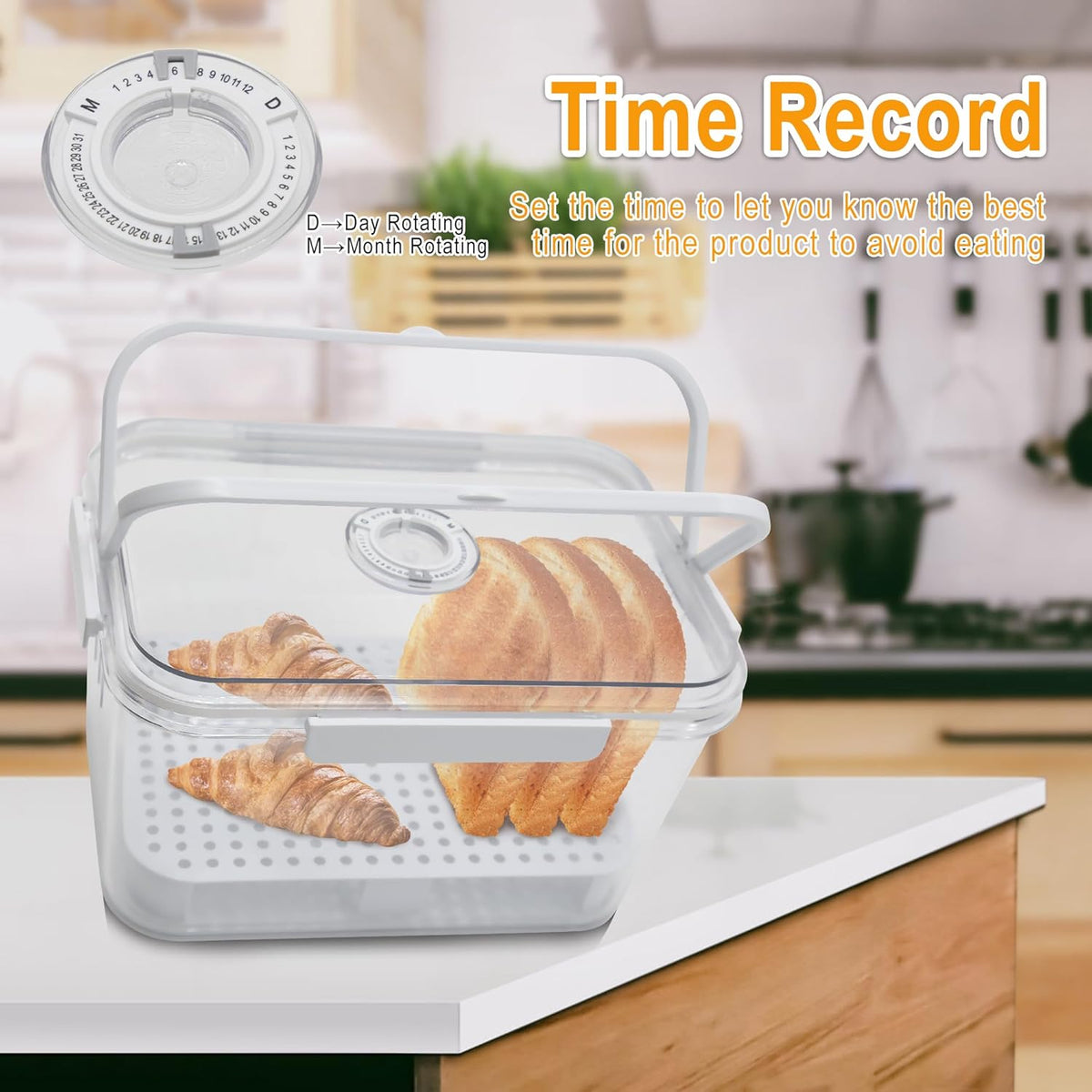 Portable Bread Box with Handles and Time Recording, Bread Storage Container for Kitchen Countertop, Breadbox Organizer Holder for Homemade Bread, Loaf Bread Keeper, Airtight Food Container Bin