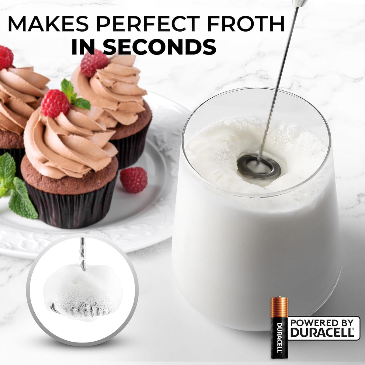 Zulay Powerful Milk Frother (4 Duracell Batteries Included) - Handheld Milk Frother Wand Drink Mixer for Coffee - Powerful Milk Foamer for Cappuccino, Frappe, Matcha & Creamer - Black/Copper