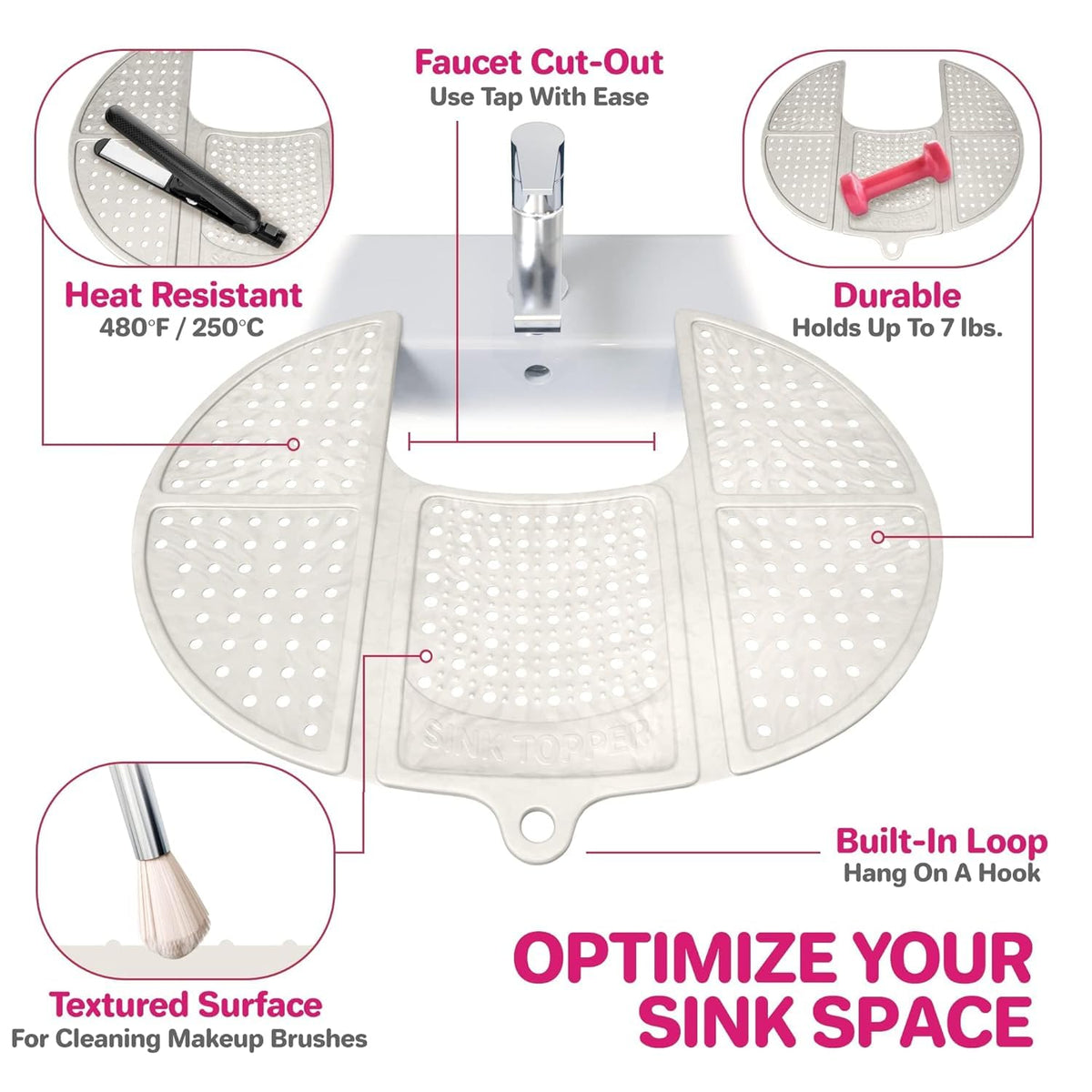 Sink Topper Bathroom Counter Cover & Storage Saver, Foldable Silicone Mat for Hot Tools, Hair Styling & Makeup, Beauty Brush Cleaning Mat, RV Camper Sink Cover & for Small Spaces (Large Pearl)