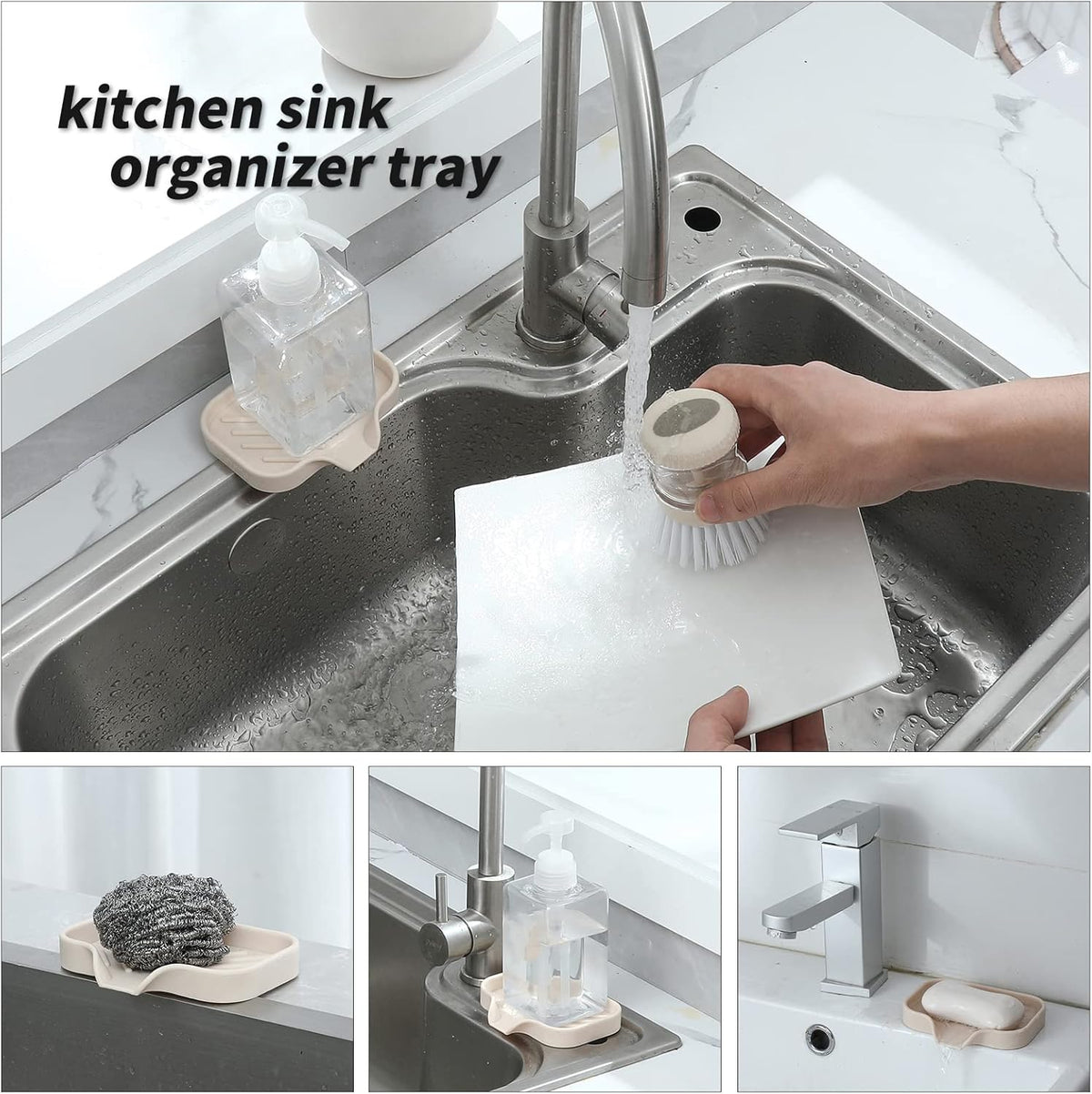 Silicone Bathroom Soap Dishes with Drain Spout-Bathroom and Kitchen Sink Organizer,Sponge Holder,Dish Soap Tray,Perfect for Dispenser,Scrubber,Bottle,Cup on Sink or Counter-Tapioca 4.9"×3.2"