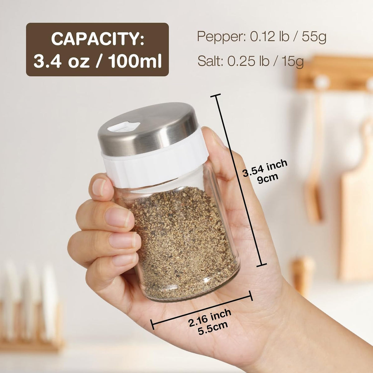 VUCCHINI Salt and Pepper Shaker Set with Adjustable Pour Holes 3.4 oz Seasoning Spice Shaker with Lid Stainless Steel Salt Dispenser Farmhouse Kitchen