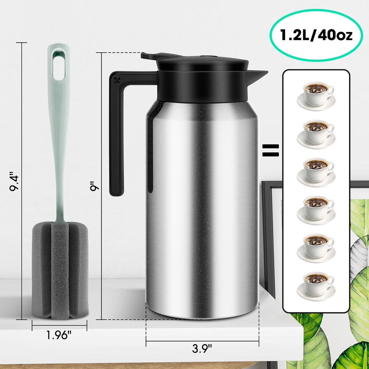 ShineMe Coffee Carafe, 40oz(1.2L) Stainless Steel Thermal Coffee Carafe for Keeping Hot/Cold, Travel Size Insulated Pitcher for Coffee, Tea, Water, Beverage Dispenser
