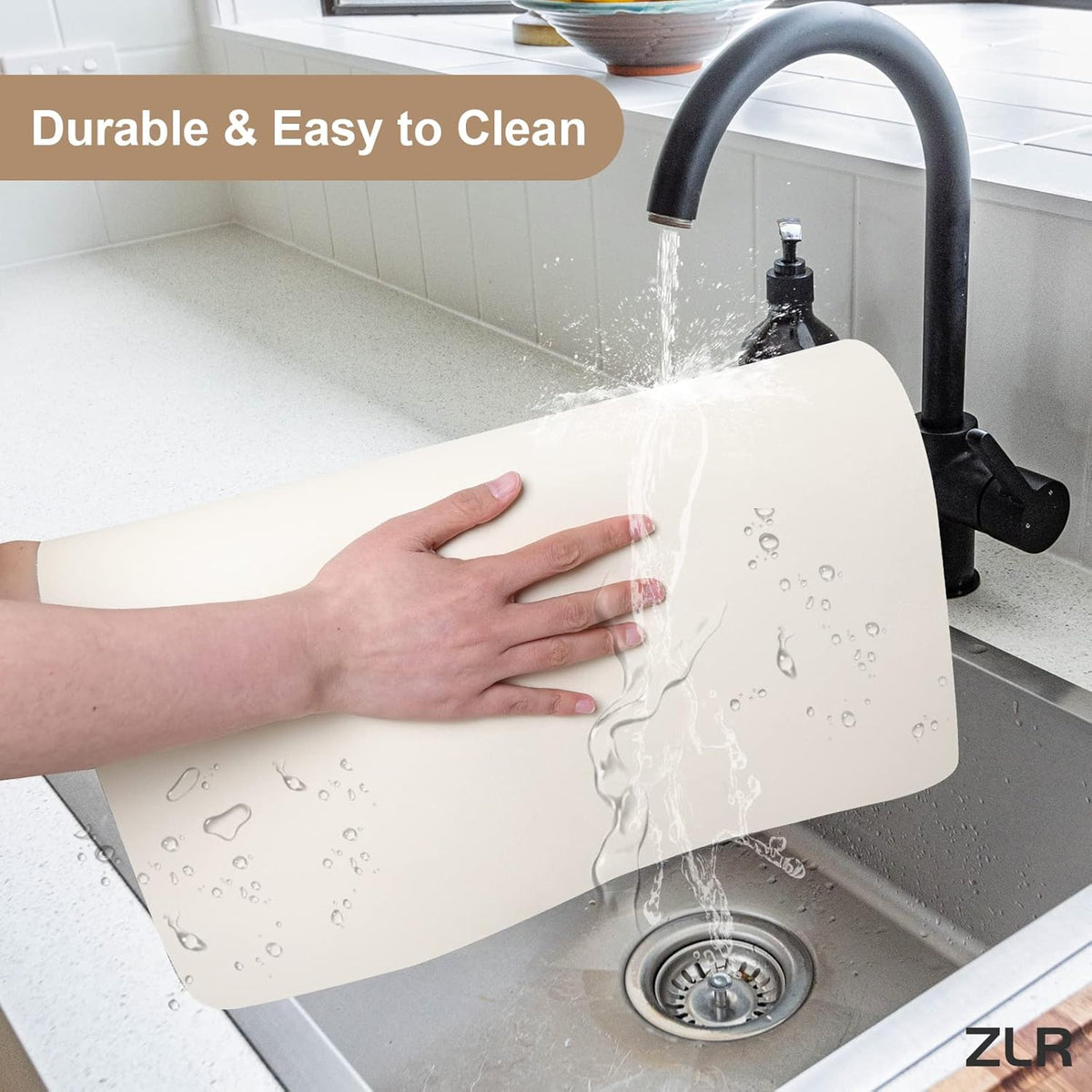 ZLR Coffee Mat - 16" x 24" Extra Large Kitchen Hide Stain Absorbent Dish Drying Mat for Countertop - Easy to Clean Coffee Bar Mat for Espresso Machine and Spill Protection - Creamy