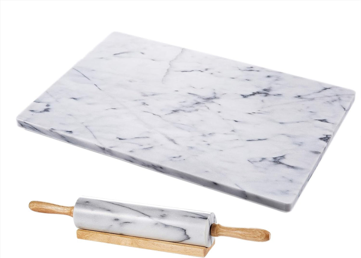 JEmarble Pastry Board 16x20 inch Set with Rolling Pin/Wooden Handles 18 inch(White) Non-Slip Rubber Feets for Stability Perfect for Keep the Dough Cool and Chocolate Tempering(Premium Quality)