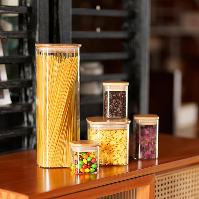Glass Food Storage Jars Square 51oz, 3 Pack Glass Jars With Bamboo Lids, Kitchen Storage Containers For Spice, Candy, Cookie, Storage For Pantry Organizers