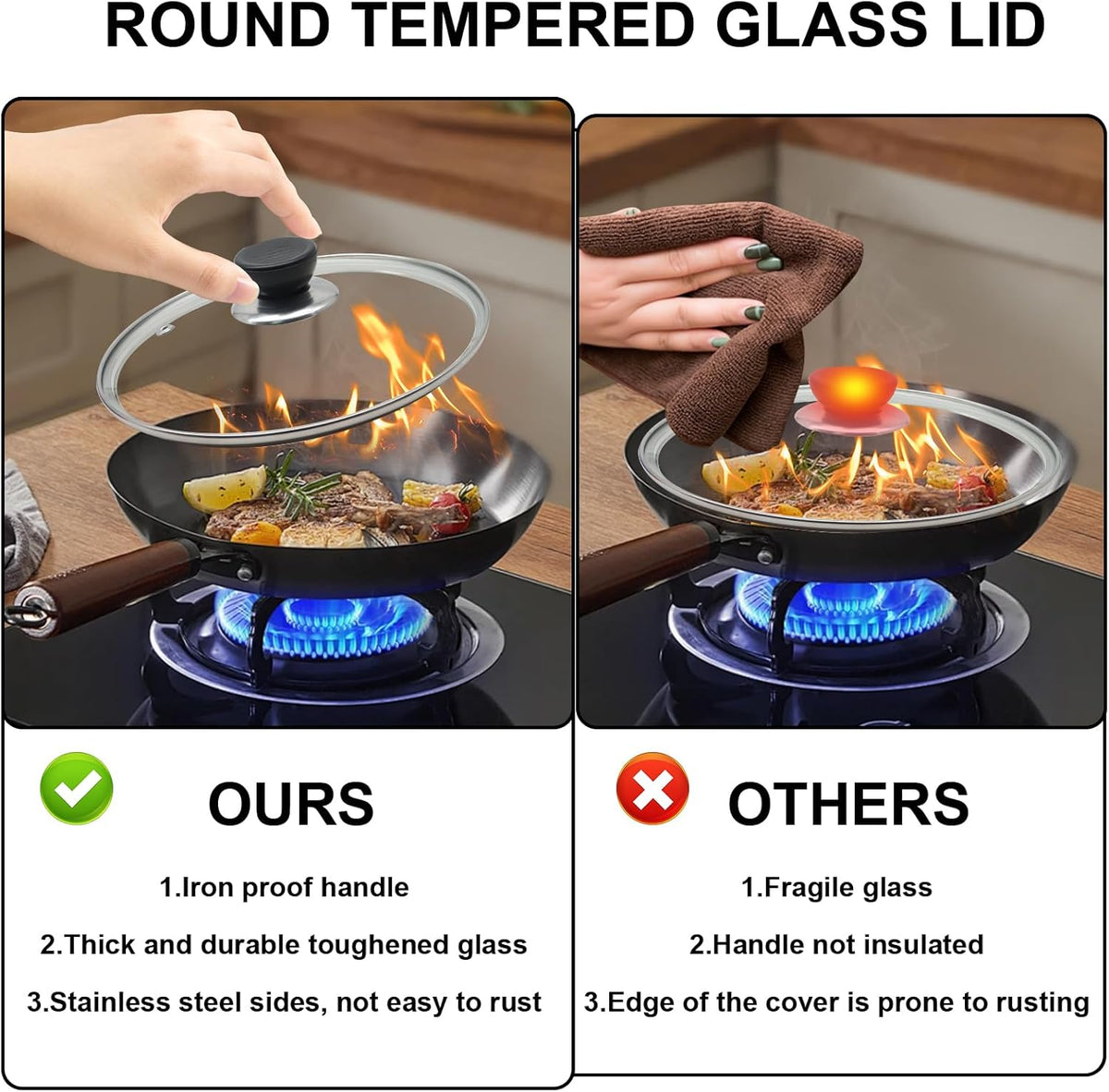 Glass Lid for Frying Pan 8 Inch Tempered Glass Pot Lid Cover with Stainless Steel Rim for 8 Inch Frying Pan Wok Pot Skillet