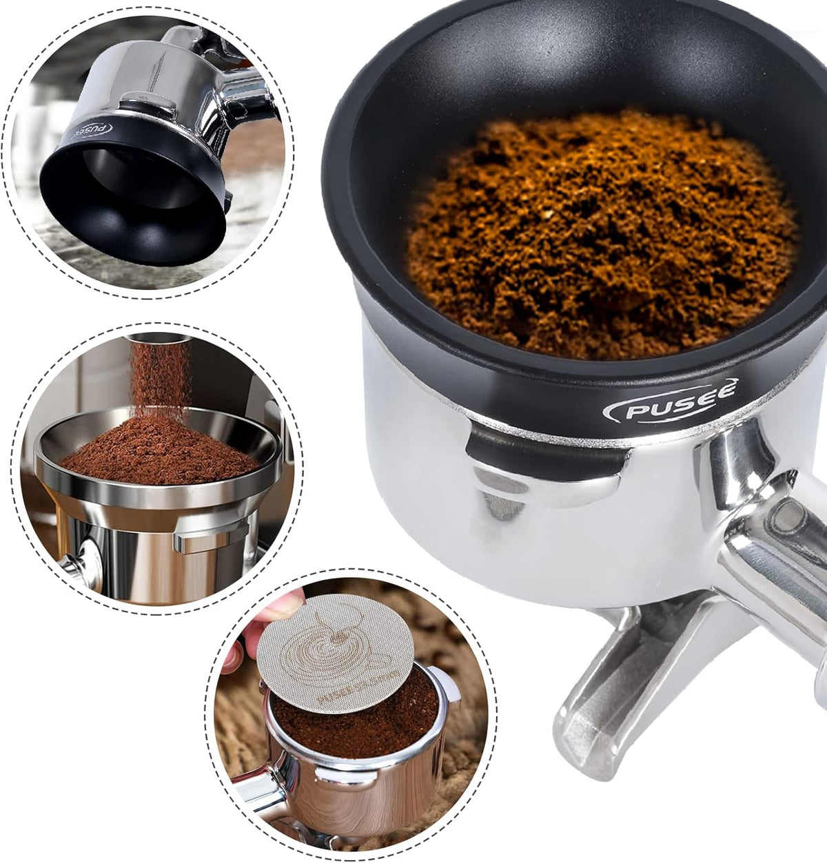 54mm Espresso Dosing Funnel & 53.5mm Puck Screen,PUSEE Coffee Dosing Ring Aluminum Metal,Reusable 1.7mm Thickness 150μm Espresso Puck Screen 316 Stainless Steel Fits 54mm Portafilter