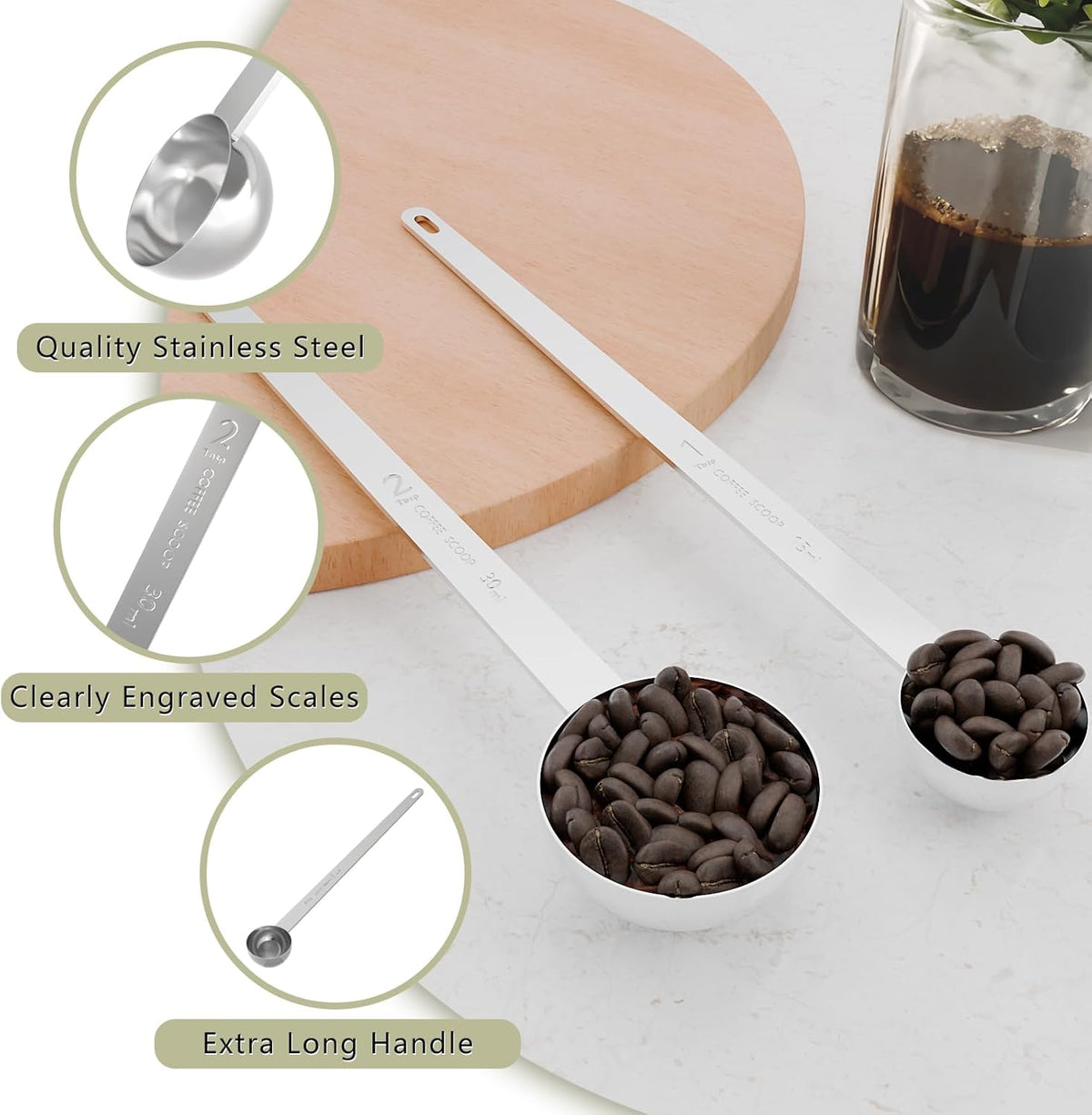 1PCS 2 Tablespoon Coffee Scoop, 9.5" Long Handle Measuring Spoon, Two tbsp (30 ml) Stainless Steel Scooper