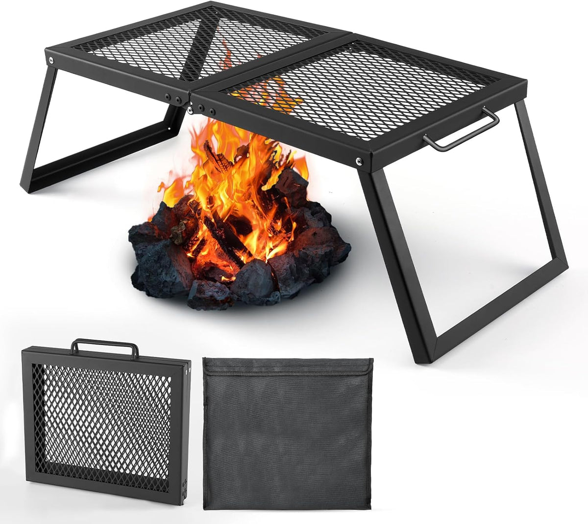 Odoland Folding Campfire Grill, Heavy Duty Steel Mesh Grate with Folding Legs and Storage Bag, Portable Camping Grates, Over Fire Pit Grill Rack for Outdoor Cooking and Bonfire