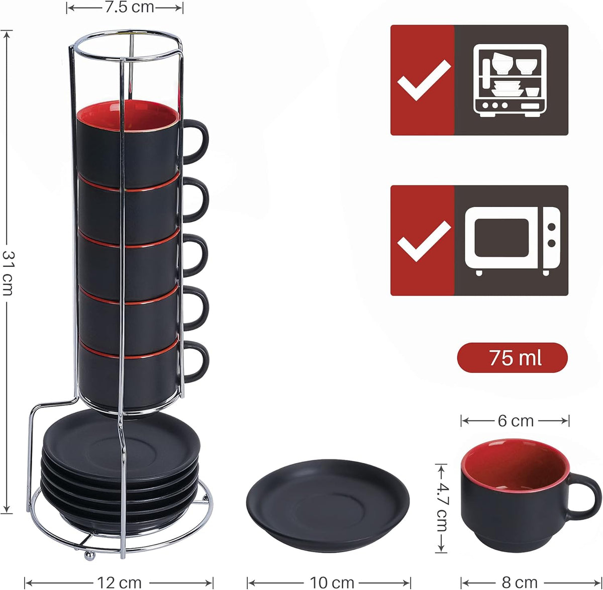 MIAMIO - 2.5 oz Espresso Cup Set with Saucers Coffee Mug Set of 6 - Ceramic Coffee Mug Stackable Espresso Mug with Stand for Coffee Drinks, Latte, Cafe Mocha - Le Papillon Collection (Red)