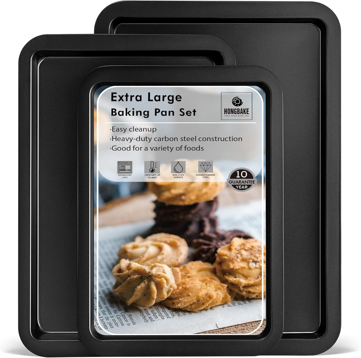 HONGBAKE XL Large Baking Sheet Set-19x13.25 in, Large Cookie Sheet Pan, Nonstick Oven Tray with Wider Grips, 3 Pack Bakeware, Dishwasher Safe - Dark Grey