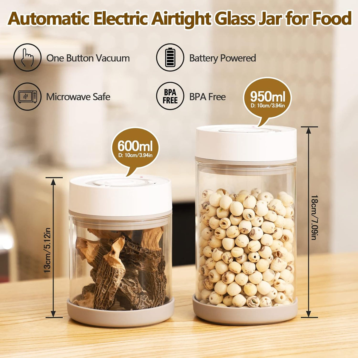 Minidiva Smart Vacuum Container, Automatic Electric Airtight Glass Jar for Food Coffee Storage Meal Prep (White-600ml)