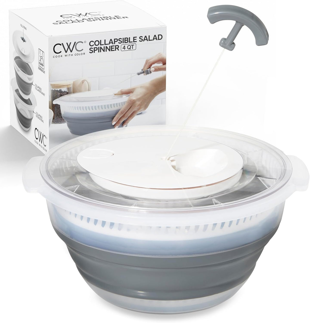 COOK WITH COLOR Collapsible Salad Spinner - 4 QT Space Saving Lettuce Dryer with Folding Collapsible Colander Great for Washing and Drying Fruit and Vegetables (Grey)
