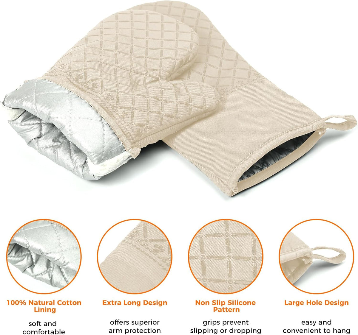 2 Pcs Oven Mitts for Kitchen Heat Resistant Oven Gloves, Soft Cotton Lining, Anti-Slip Silicone Stripe Oven Mitts Heat Resistant Oven Mits, Kitchen Mitt Pair Protect Hands, Cooking Baking Gloves Khaki