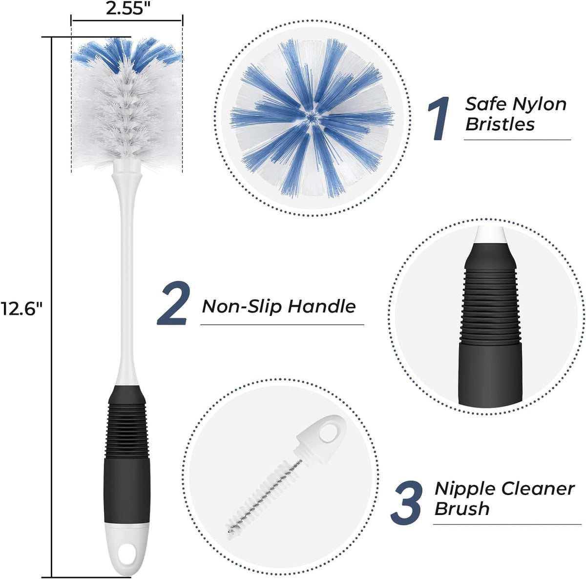 Amazer Bottle Brush Cleaner, Long Flexible Handle Bottle Brush Scrub for Water Bottles, Glasswares, Tumblers, Travel Coffee Mugs, 2 Pack