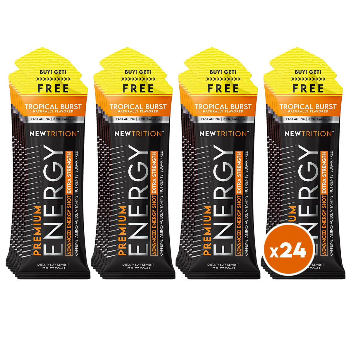 NewTrition® Extra Strength Energy Shots, 250mg Caffeine Energy Shots with Vitamin B & Amino Acids, Sugar-Free Vitamin Energy Shot, 1.7 fl oz (Pack of 24, Tropical Burst)