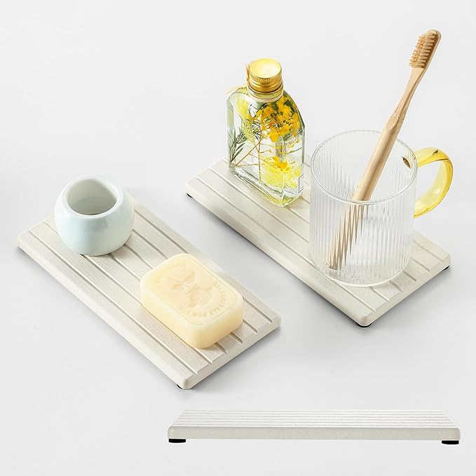 2 Pack Greige Bathroom Sink Vanity Trays, Diatomite Stone Kitchen Counter Caddy Dish Soap Dispenser Sponge Holder, Water Absorbing Mat Organizer for Plant,Cosmetic Bottle, Beige, 8"x3.8"