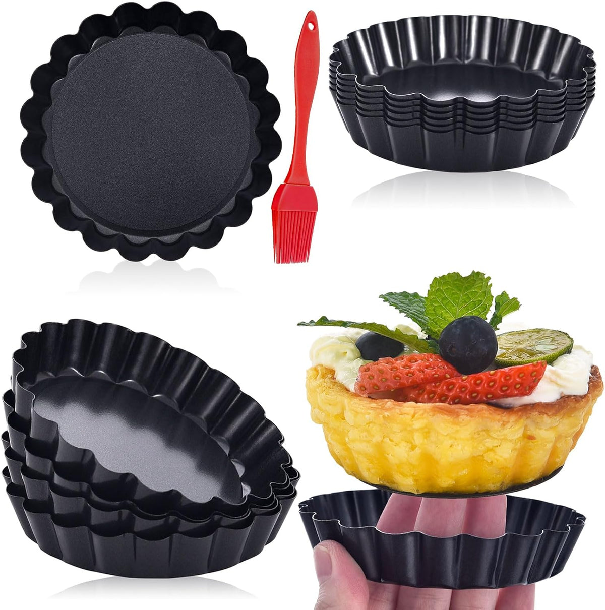 DATANYA 16 Pack Mini Tart Pans 4 Inch with Removable Bottom Round Nonstick Quiche Pan, Heavy Duty Fluted Side Tart Molds for Pies, Mousse Cakes, Dessert Baking