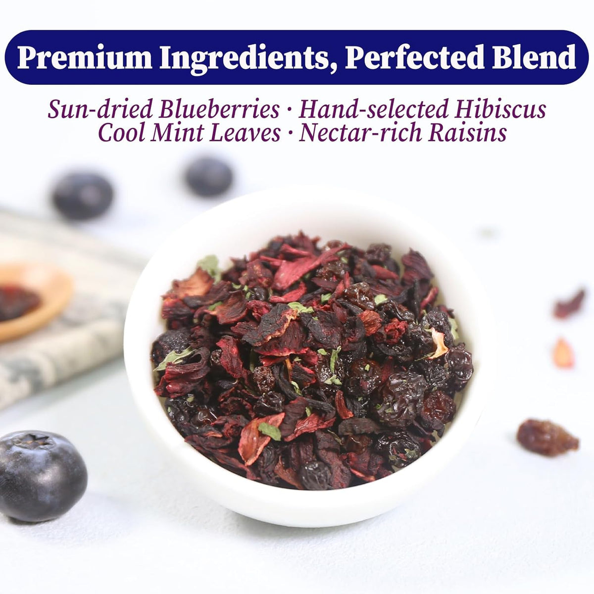FullChea - Blueberry Tea Bags, 50 Teabags - Premium Blueberry Blend Herbal Tea - Harmonious Mix of Blueberries, Hibiscus, Raisins, Mint Leaves - Rich in Natural Goodness, Delightful Taste