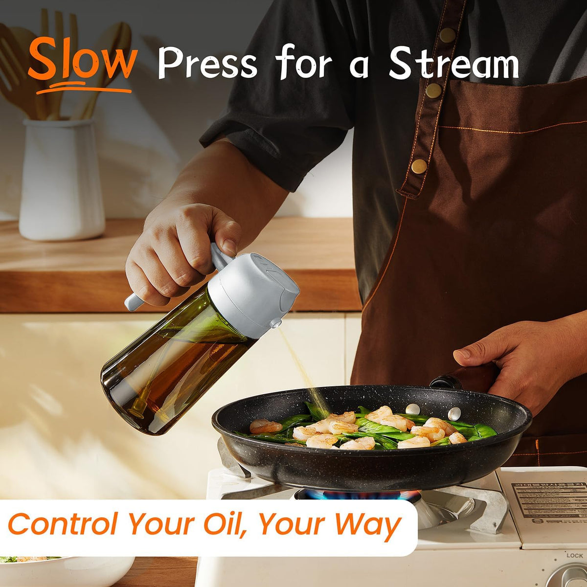 TrendPlain - Original 16oz/470ml Olive Oil Dispenser Bottle for Kitchen Gadgets and Air Fryer Accessories - Olive Oil Sprayer for Cooking w/Stickers - Ash