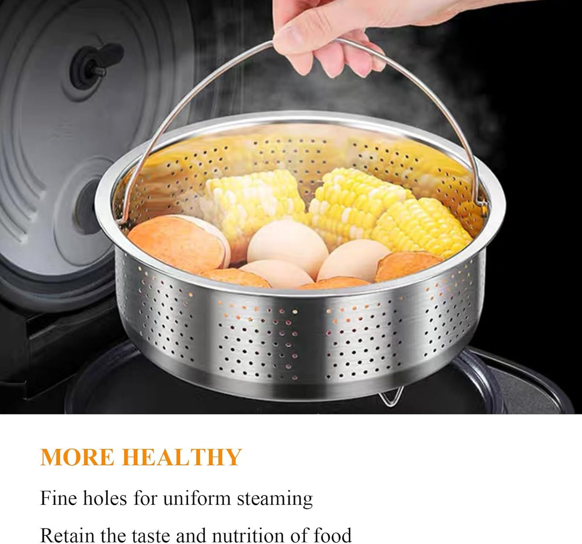 Vegetable Steamer Basket, Stainless Steel, Round, Silver, 8.6in