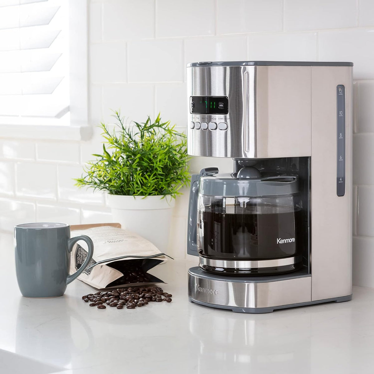 Kenmore Drip Coffee Maker - Programmable Cafe Machine With Glass Pot, Regular & Bold Brew, Auto Shut Off Large Water Reservoir, Reusable Filter, Kitchen Appliances For Cafeteria Barista, 12 Cup, White