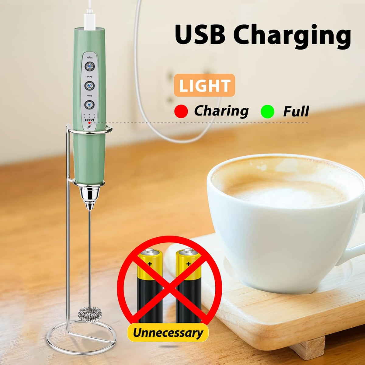 Milk Frother with Stand Rechargeable-Handheld Coffee Frother with 3 Stainless Whisks 3 Speed Adjustable, Electric Whisk Drink Mixer, Foam Maker Blender for Matcha Latte Cappuccino Chocolate