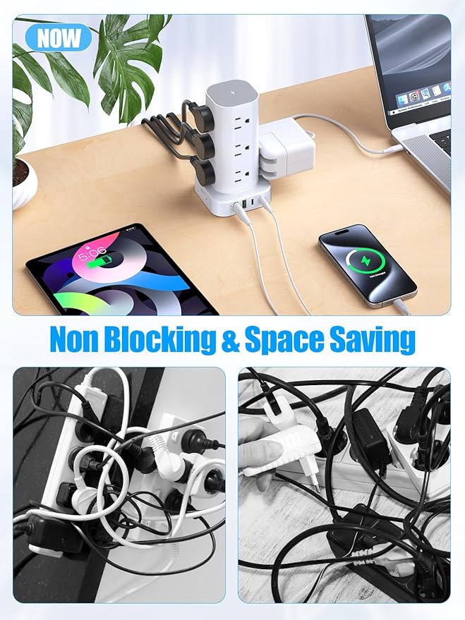 Tower Power Strip with 15W Wireless Charger, 10FT Flat Plug Extension Cord with Multiple Outlets, 12 AC Outlets, 4 USB Ports (2 USB C) Charging Station Surge Protector for Office Home Dorm Room(White)