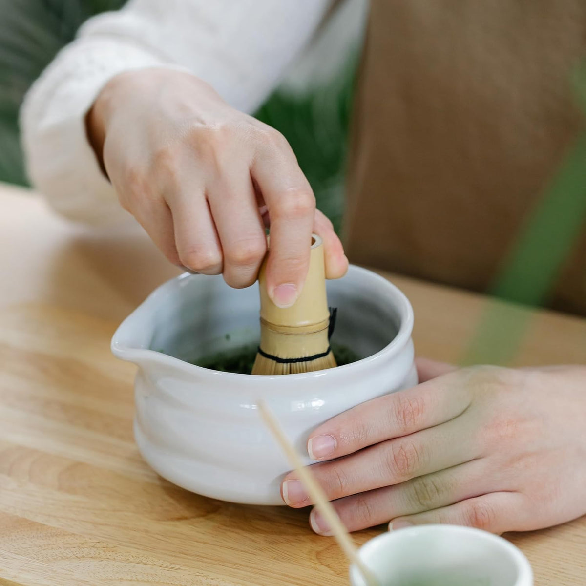 Marce Matcha Whisk Set- Matcha Set includes Matcha Whisk and Bowl with Spout, Sifter, Holder and Scoop- The Perfect Bamboo Whisk for Matcha Tea (White)
