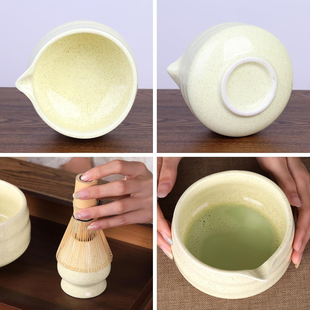 Japanese Matcha Whisk Set - 7-Piece Kit Bamboo Chasen, Ceramic Bowl with Spout, Stainless Steel Sifter & Holder Yellow