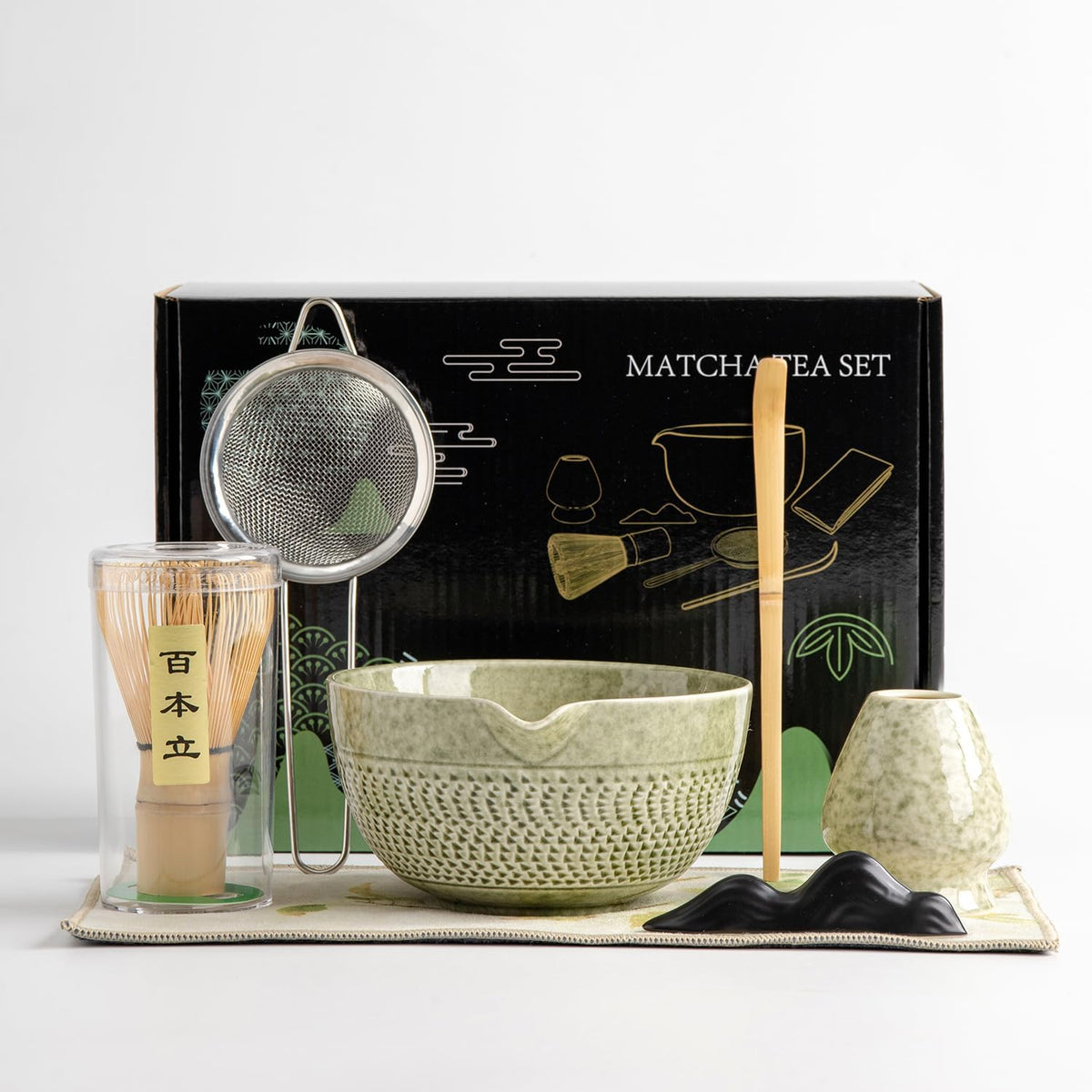 Japanese Matcha Ceremony Accessory, Matcha Whisk, Traditional Scoop (Chashaku), Tea Spoon, Whisk Holder, 1 tea bowl, 1 tea siev, The Perfect Set to Prepare a Traditional Cup of Matcha.