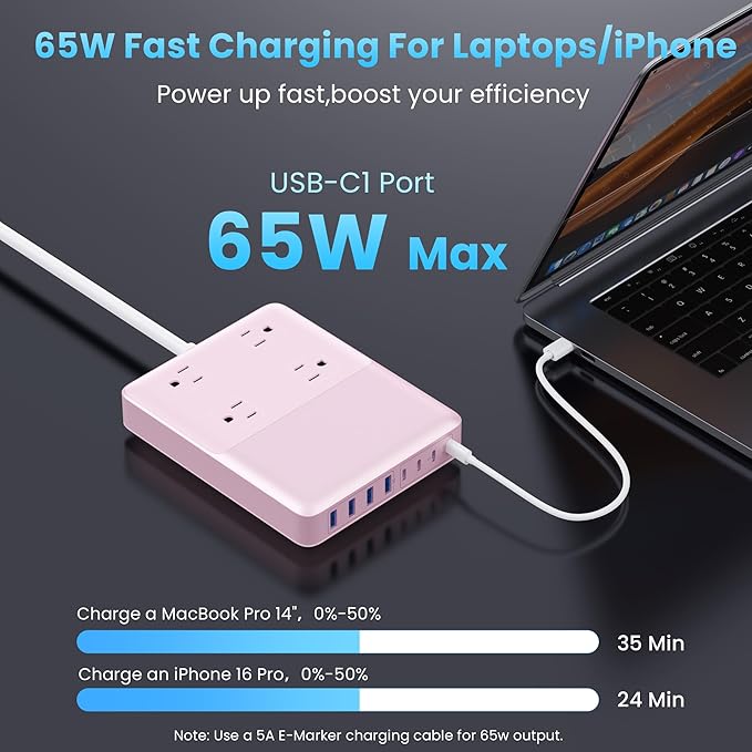 12-in-1 Charging Station USB C Power Strip with 5ft Cord,200W GaN IV USB C Charger Block,4 AC Outlets,4 USB-A,4 USB-C for MacBook,iPhone 16/15/14,Fast Charging Desktop Charger for Office (Pink)