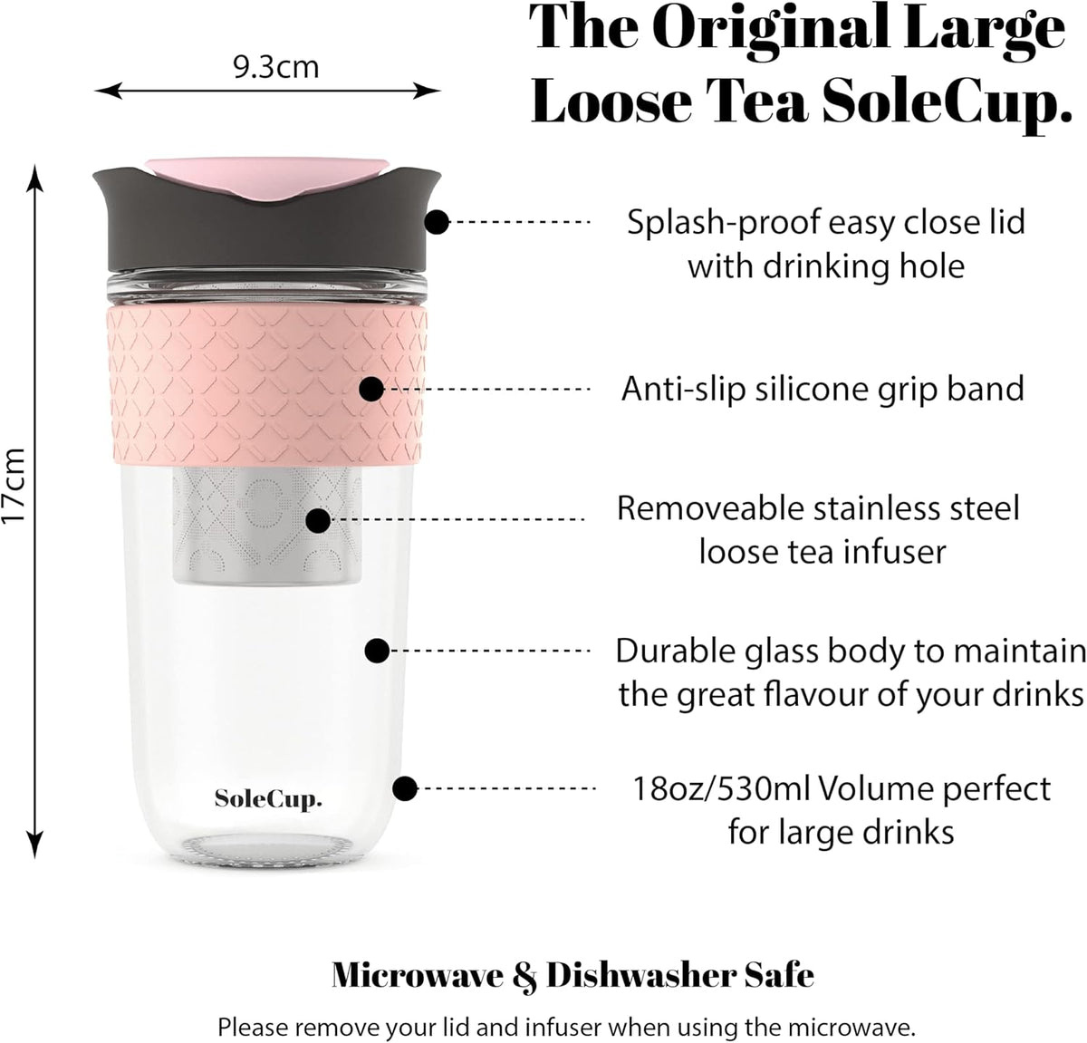 Large Travel Mug Loose Tea Infuser - Detachable Tea Strainer with Spill Proof Lid - 18oz/530ml BPA-Free Reusable Glass Travel Coffee Cup with Silicone Band (Pink) (Grey and Pink)