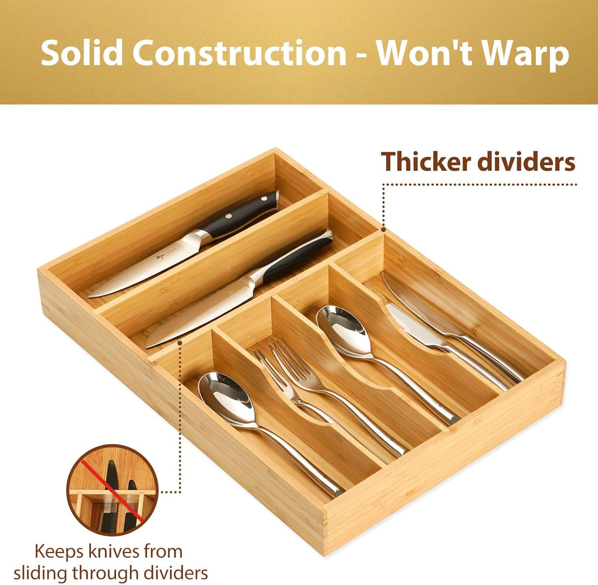 Umilife Kitchen Drawer Organizer, 12 Inch Silverware Utensil Tray Holder, Extra Deep, with Non-Slip Feet & Grooved Drawer Divider, 6 Slots Total Bamboo Wood Caddy for Flatware Cutlery Knives