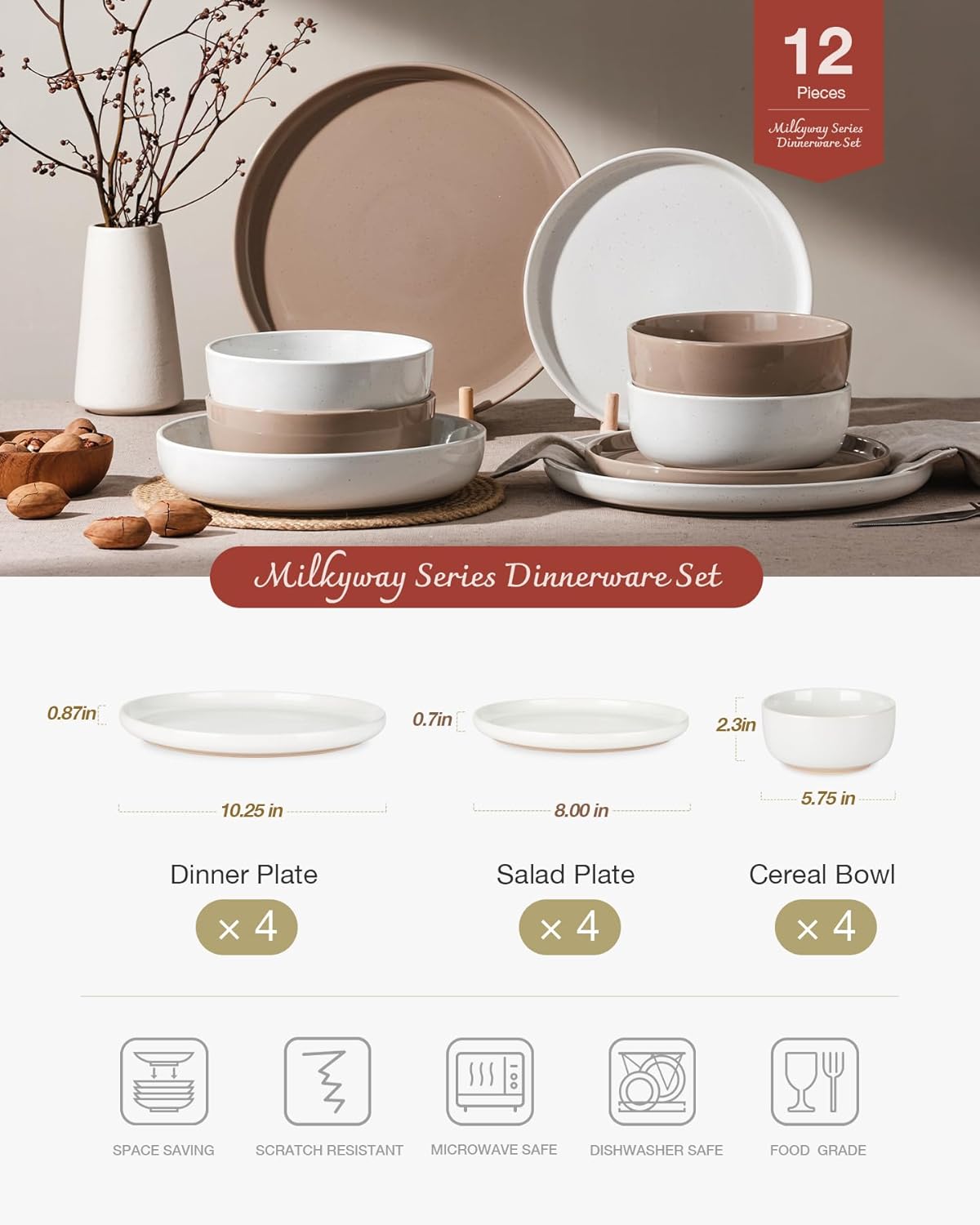 Famiware Milkyway Plates and Bowls Sets, 12 Pieces Stoneware Dinnerware Sets, Dishes Set for 4, White & Cinnamon Brown