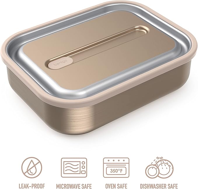 Bentgo MicroSteel Leak-Proof Lunch Box - Microwave-Safe, Oven-Safe, Bento-Style Container with Removable Divider, Airtight Lid, Sustainable Design, Odor & Stain Resistant (Gold)