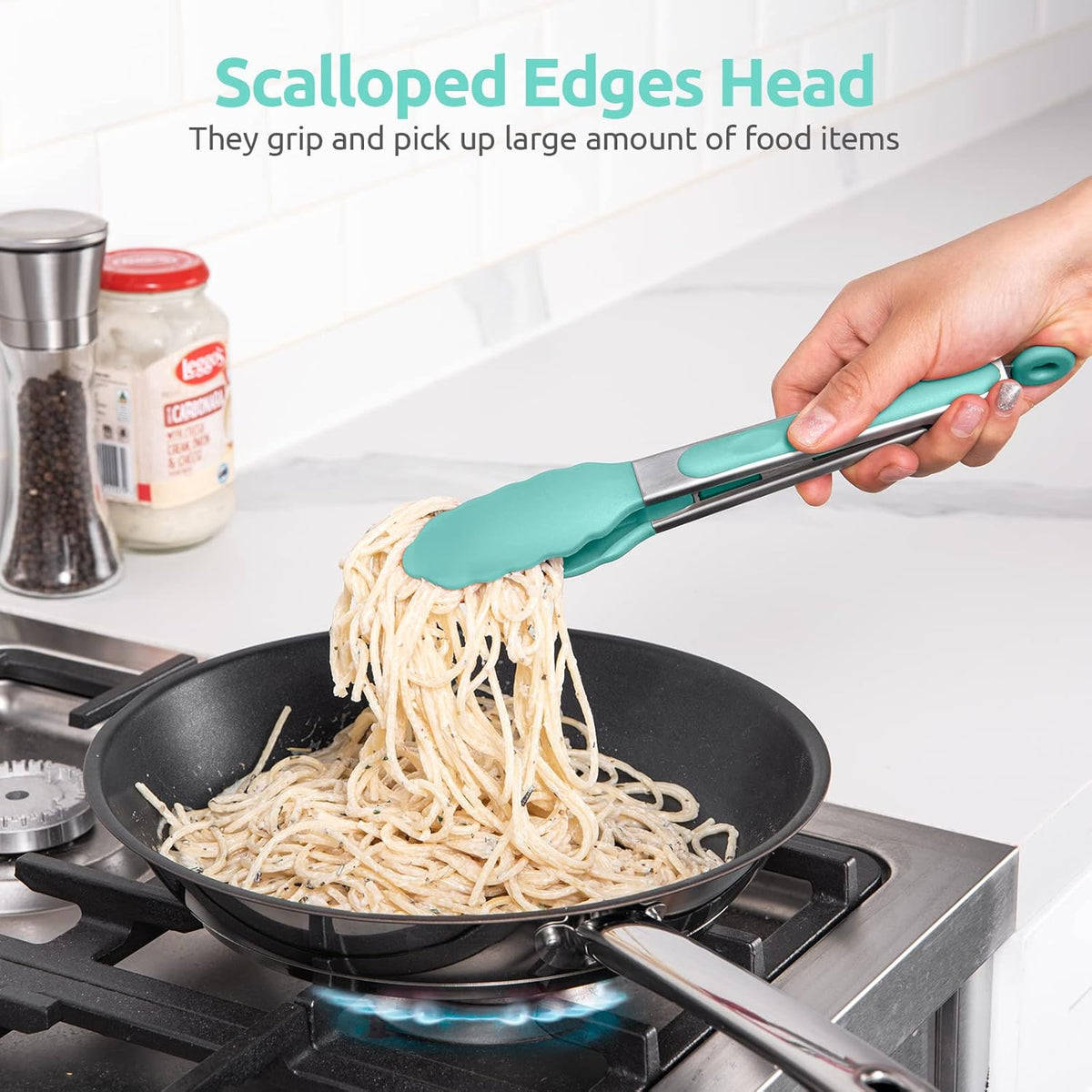 Heat Resistant Silicone Kitchen Tong: U-Taste 9 inch 480ºF Hot Proof Cooking Tong with Firm Sealed Non Stick Rubber Tips & Silicon Coated Steel Handle & Smooth Locking for Serving Grill Salad-Aqua Sky
