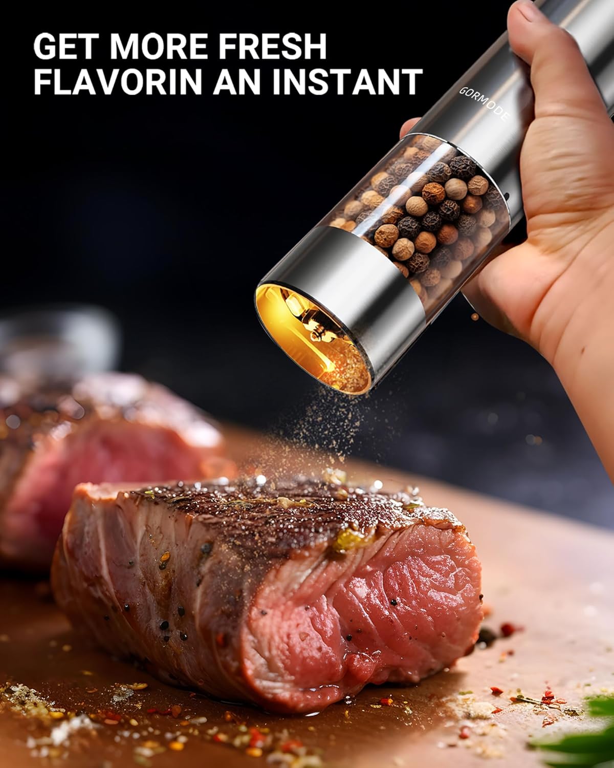 Electric Pepper Grinder and Salt Mill Set - Large Capacity USB Rechargeable Automatic Grinder with Dual LED Lights, One-Handed Operation & Slide Cover - Brushed Stainless Steel
