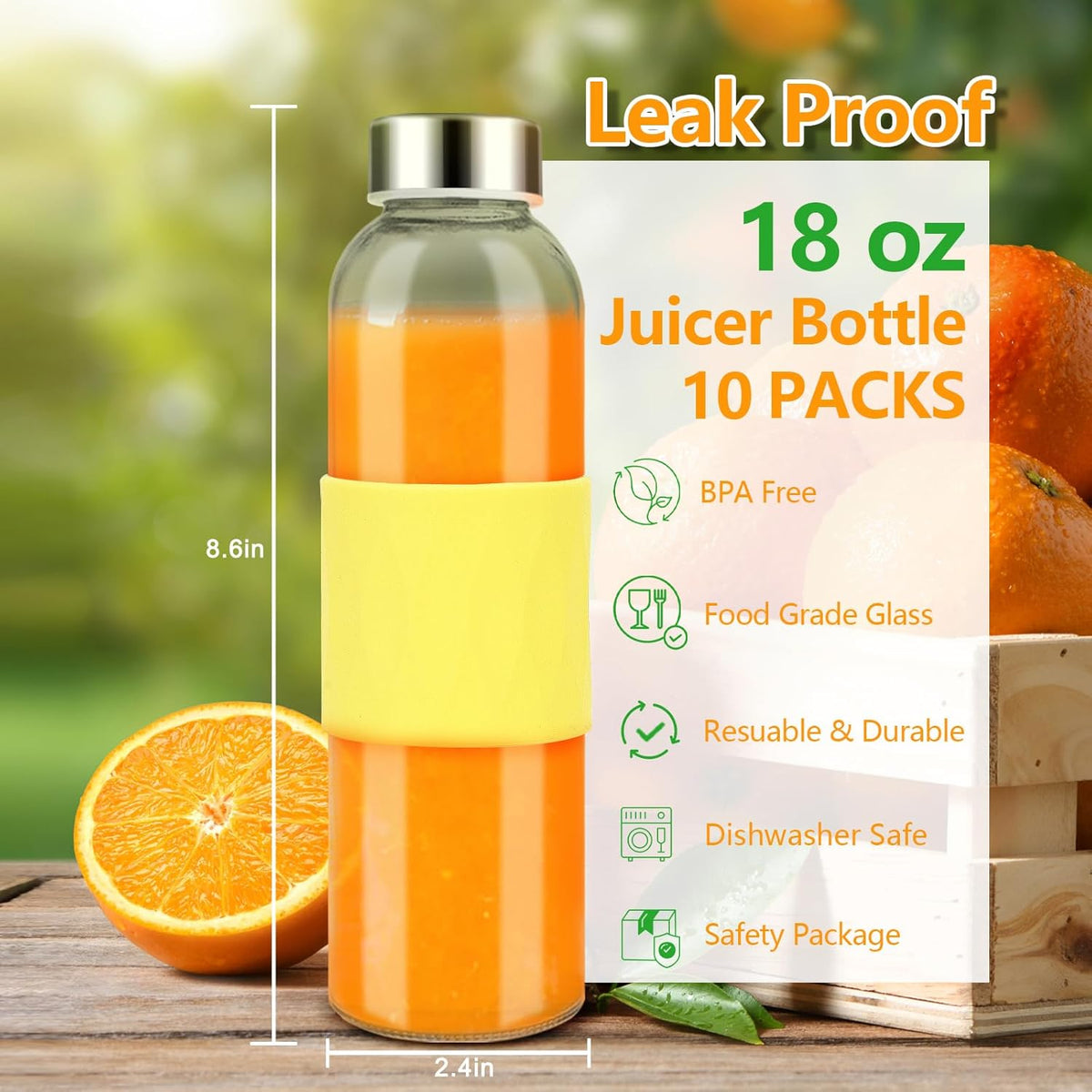 Zukro Glass Water Bottles with Lids 18 oz, Reusable Clear Juice Bottles Stainless Steel Airtight Cap for Juicing, 100% Leak Proof Juice Drinking Jar With Sleeve for Refrigerator, BPA Free, Set of 6